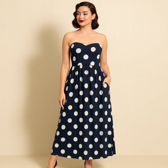 Navy Polka Dot Strapless Maxi Dress w/ Pockets 1X Vintage Style Plus Size Cozy - Picture 1 of 7